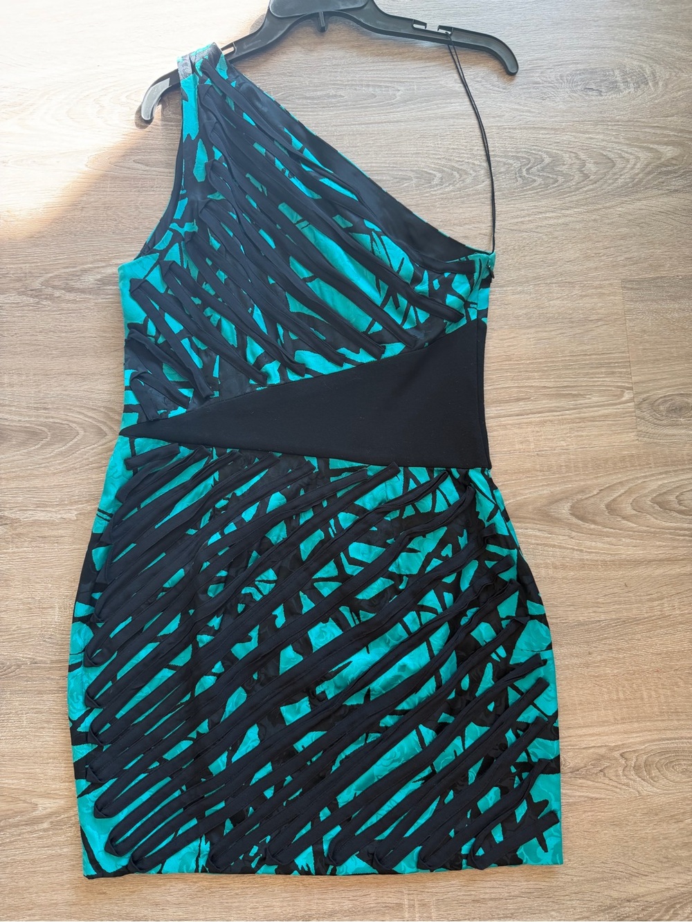 NWT ROBERT RODRIGUEZ SILK One-Shoulder Teal and Black Patterned Dress